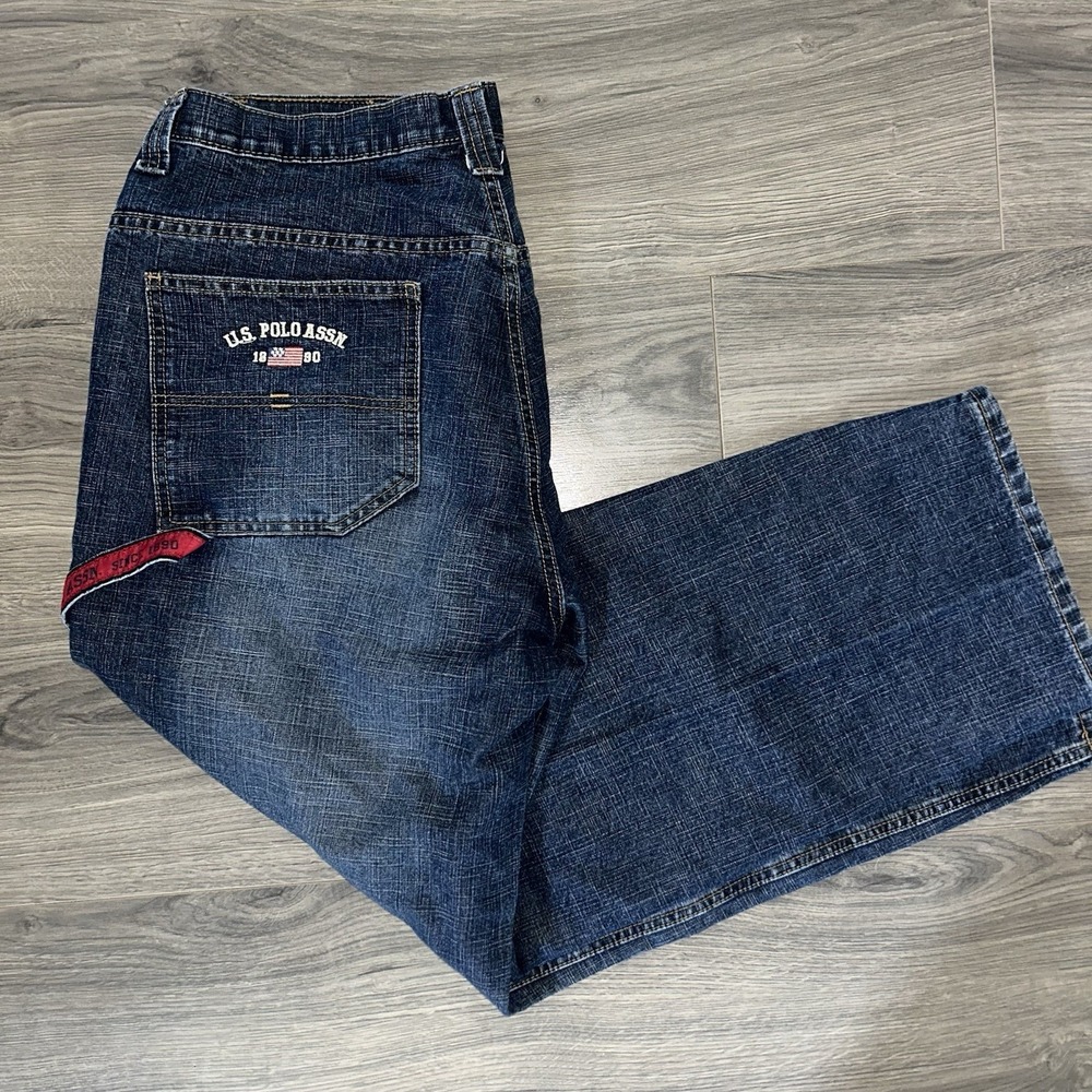 Vintage Y2K Blue U.S. POLO ASSN Embroidery Baggy Wide Leg Jeans 38x32 Carpenter